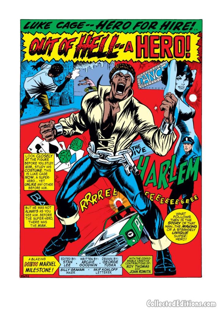 Hero For Hire #1, pg. 1; pencils, George Tuska; inks, Billy Graham; Luke Cage, Marvel Blaxploitation