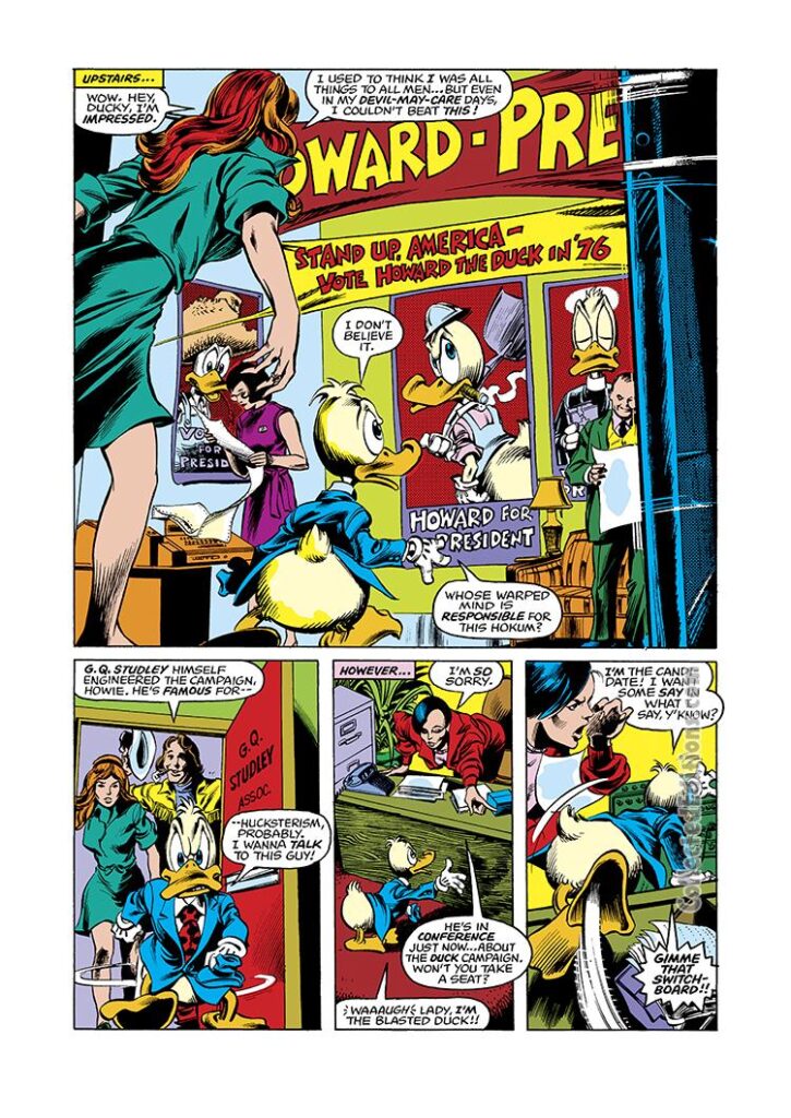 Howard the Duck #8, pg. 5; pencils, Gene Colan; inks, Steve Leialoha; Stand Up America, Howard the Duck election, campaign