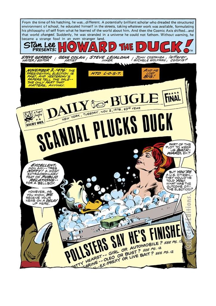 Howard the Duck #9, pg. 1; pencils, Gene Colan; inks, Steve Leialoha; Steve Gerber, Scandal Plucks Duck, campaign, 1976 presidential election