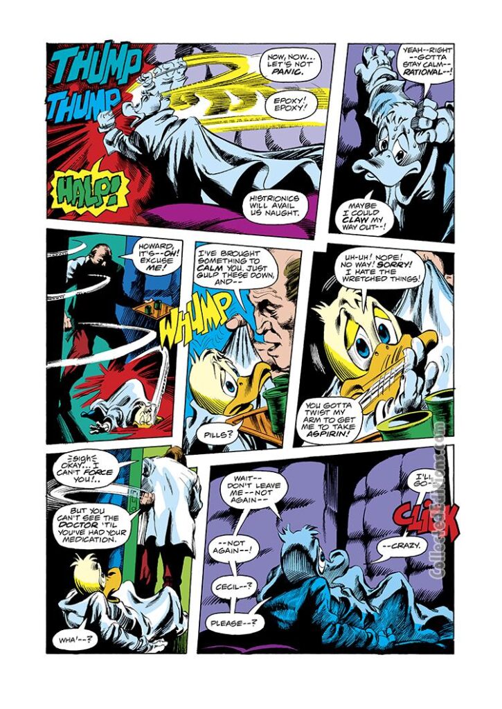 Howard the Duck #12, pg. 13; pencils, Gene Colan; inks, Steve Leialoha; crazy, padded room, insane asylum, Marvel Donald Duck parody