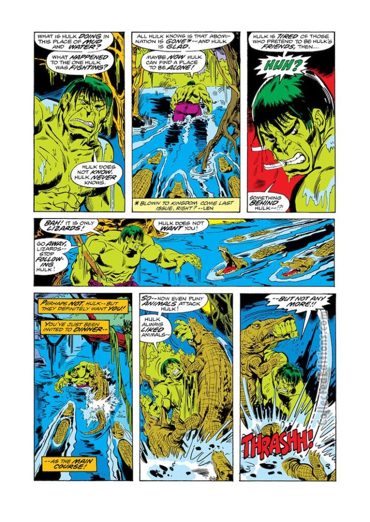 Incredible Hulk #197, pg. 2; pencils, Sal Buscema; Hulk in swamp vs. alligators