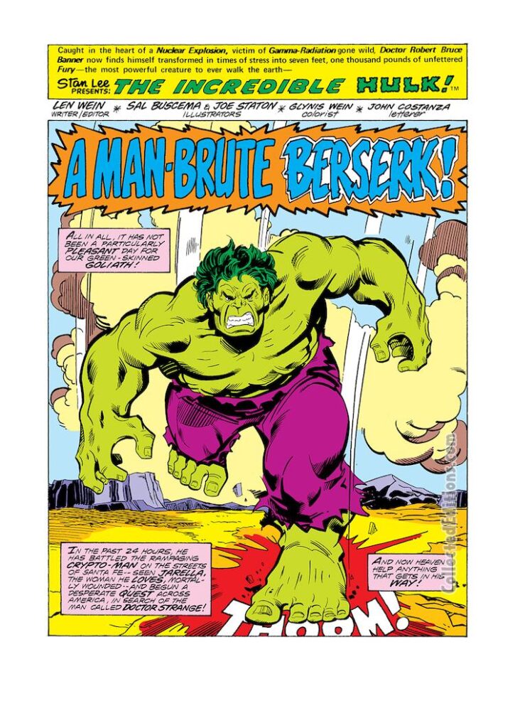 Incredible Hulk #206, pg. 1; pencils, Sal Buscema; inks, Joe Staton; A Man-Brute Berserk