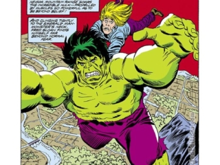 Incredible Hulk #235, pg. 1; layouts, Sal Buscema; pencils and inks, Mike Esposito; Roger Stern splash page, The Monster and the Machine, Fred Sloan, Hulk leaps, jumps, flies