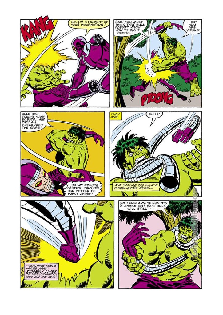 Incredible Hulk #236, pg. 2; layouts, Sal Buscema; pencils and inks, Mike Esposito; Machine Man, Aaron Stack