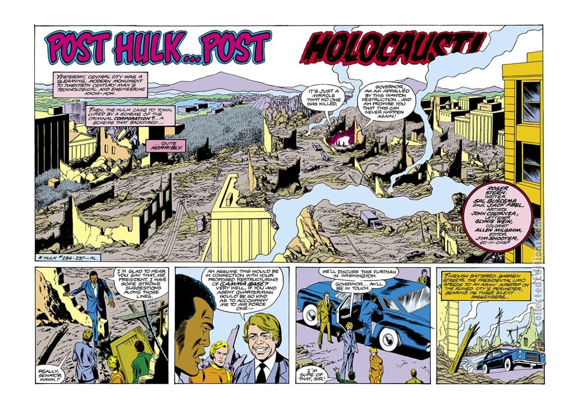 Incredible Hulk #238, pgs. 2-3; layouts, Sal Buscema; pencils and inks, Jack Abel; Post Hulk...Post Holocaust, Bruce Banner, The Corporation, Senator Hawk