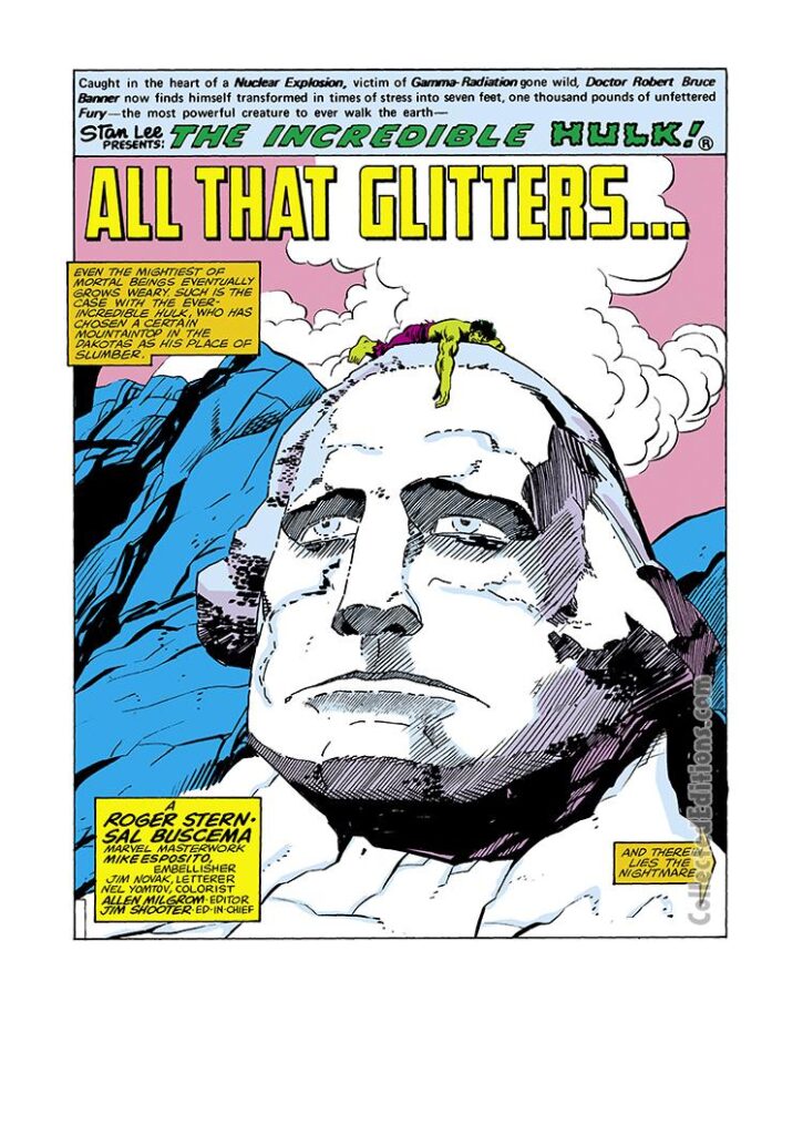 Incredible Hulk #239, pg. 1; layouts, Sal Buscema; pencils and inks, Joe Sinnott; All that Glitters; Roger Stern splash page, President George Washington, Mt. Rushmore, South Dakota, Mount Rushmore