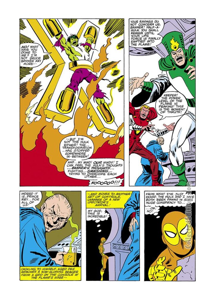 Incredible Hulk #241, pg. 7; pencils and inks, Sal Buscema; Keeper of the Flame, Prince Rey, Goldbug, Tyrannus