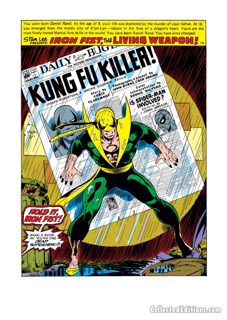 Iron Fist #10, pg. 1; pencils, John Byrne; inks, Dan Adkins, Kung Fu Killer