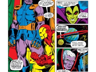 Iron Man #55, pg. 14; pencils, Jim Starlin; inks, Mike Esposito; Thanos, Drax the Destroyer, Blood Brothers, Mentor, Titan