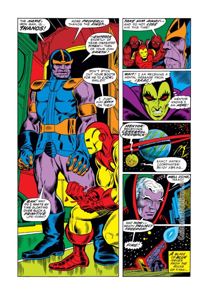 Iron Man #55, pg. 14; pencils, Jim Starlin; inks, Mike Esposito; Thanos, Drax the Destroyer, Blood Brothers, Mentor, Titan