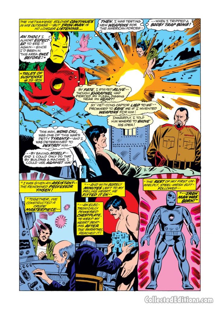 Iron Man #68, pg. 4; pencils, George Tuska; origin of Tony Stary/Iron Man/Vietnam/Yinsen