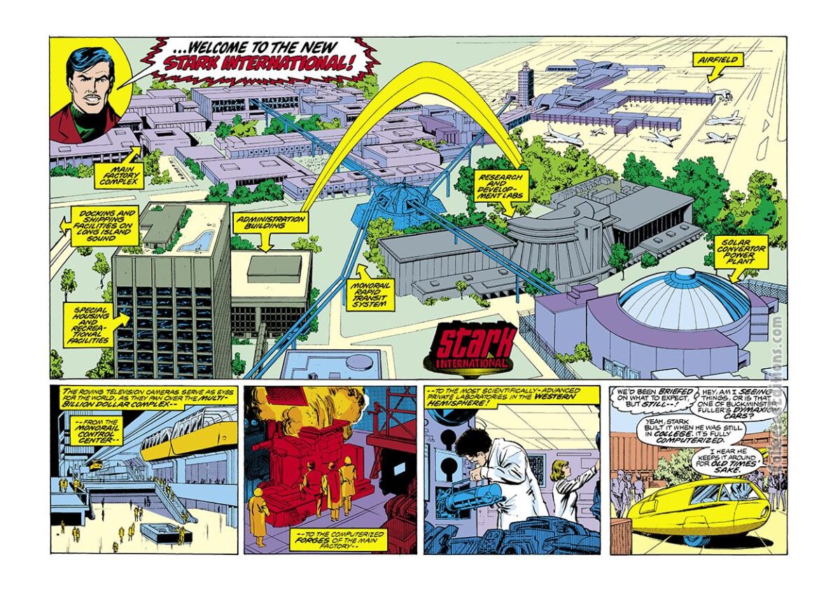 Iron Man #113, pgs. 2-3; layouts, Keith Pollard; pencils, Herb Trimpe; inks, Joe Rubinstein; Stark International headquarters complex