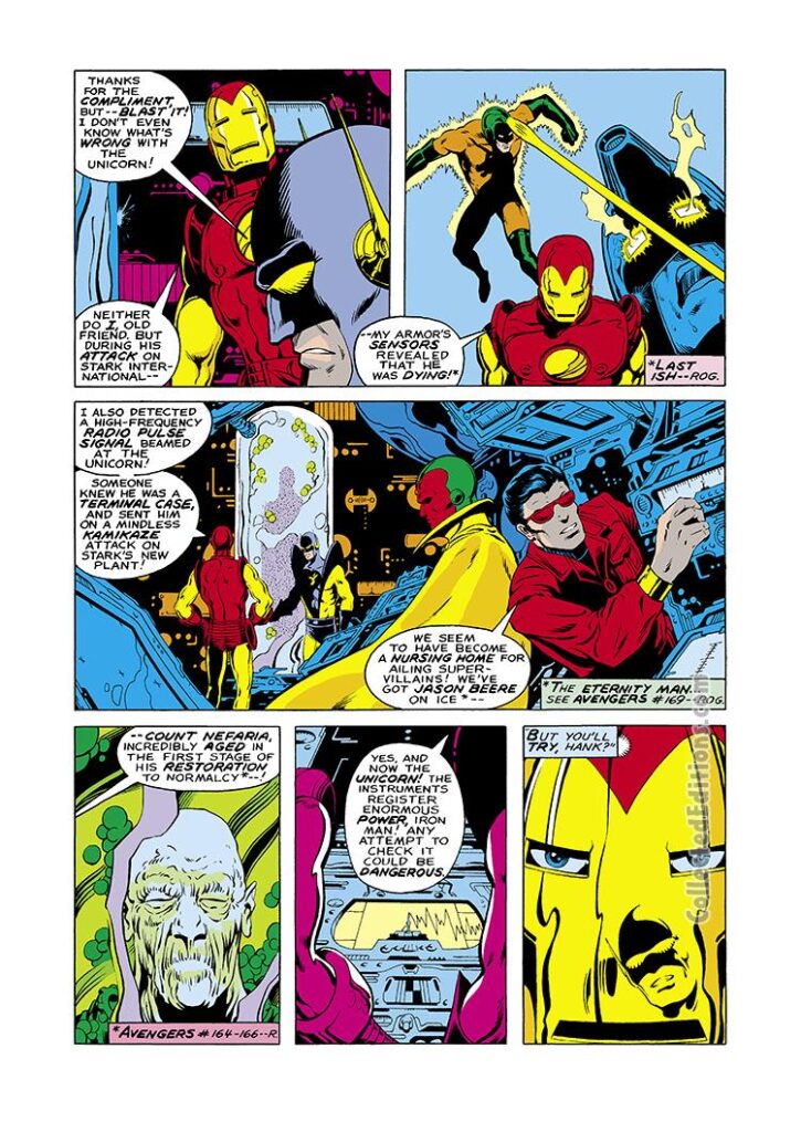 Iron Man #114, pg. 2; pencils, Keith Giffen; inks, Bruce Patterson; Wonder Man, the Unicorn, Vision, Yellowjacket, Avengers