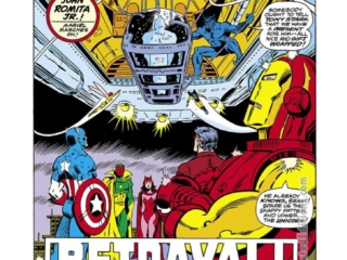 Iron Man #115, pg. 1; layouts, John Romita Jr.; pencils and inks, Dan Green; Betrayal splash page, Captain America, Beast, Wonder Man, Vision, Scarlet Witch