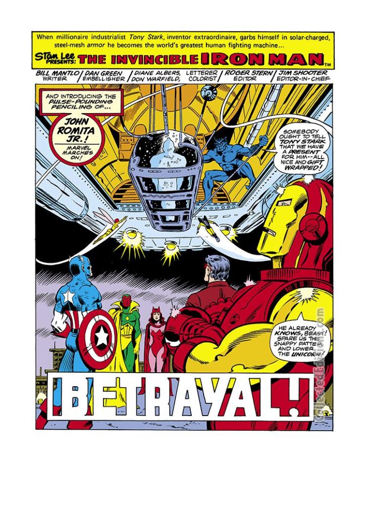 Iron Man #115, pg. 1; layouts, John Romita Jr.; pencils and inks, Dan Green; Betrayal splash page, Captain America, Beast, Wonder Man, Vision, Scarlet Witch