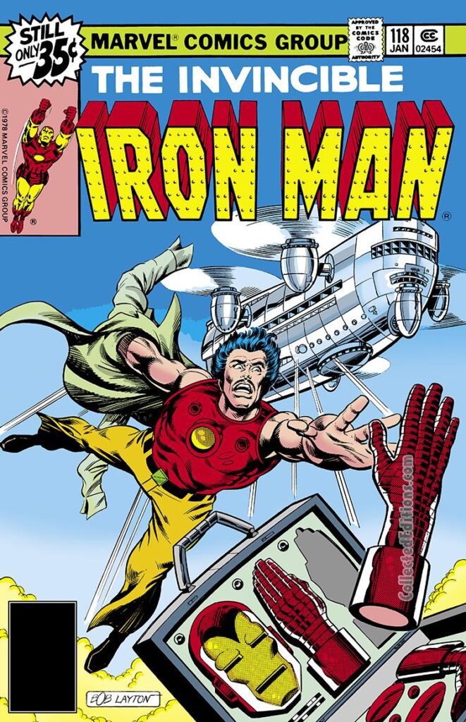 Iron Man #118 cover; pencils and inks, Bob Layton; Tony Stark, armor suitcase, SHIELD helicarrier