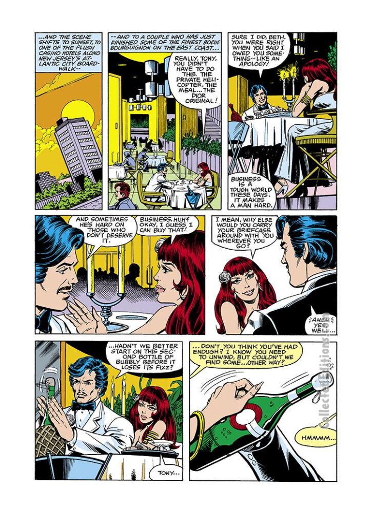 Iron Man #123, pg. 10; layouts, John Romita Jr.; pencils and inks, Bob Layton; Tony Stark girlfriend Bethany Cabe, champagne