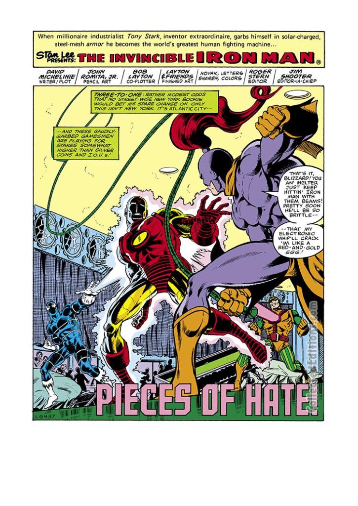 Iron Man #124, pg. 1; layouts, John Romita Jr.; pencils and inks, Bob Layton; Pieces of Hate splash page, David Michelinie, Whiplash