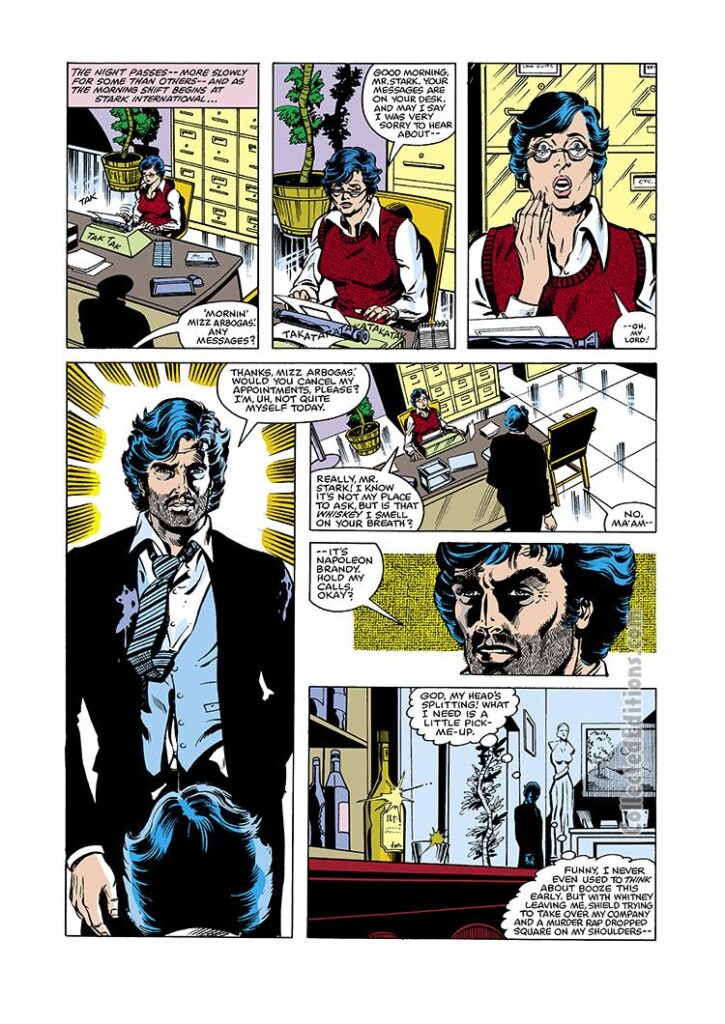 Iron Man #125, pg. 5; layouts, John Romita Jr.; pencils and inks, Bob Layton; Tony Stark alcoholism, Mrs. Arbogast, drunk