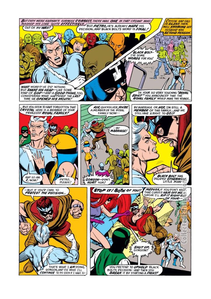 Inhumans #7, pg. 5; pencils, Gil Kane; inks, Don Perlin; Quicksilver, Karnak, Medusa, Gorgon, Crystal