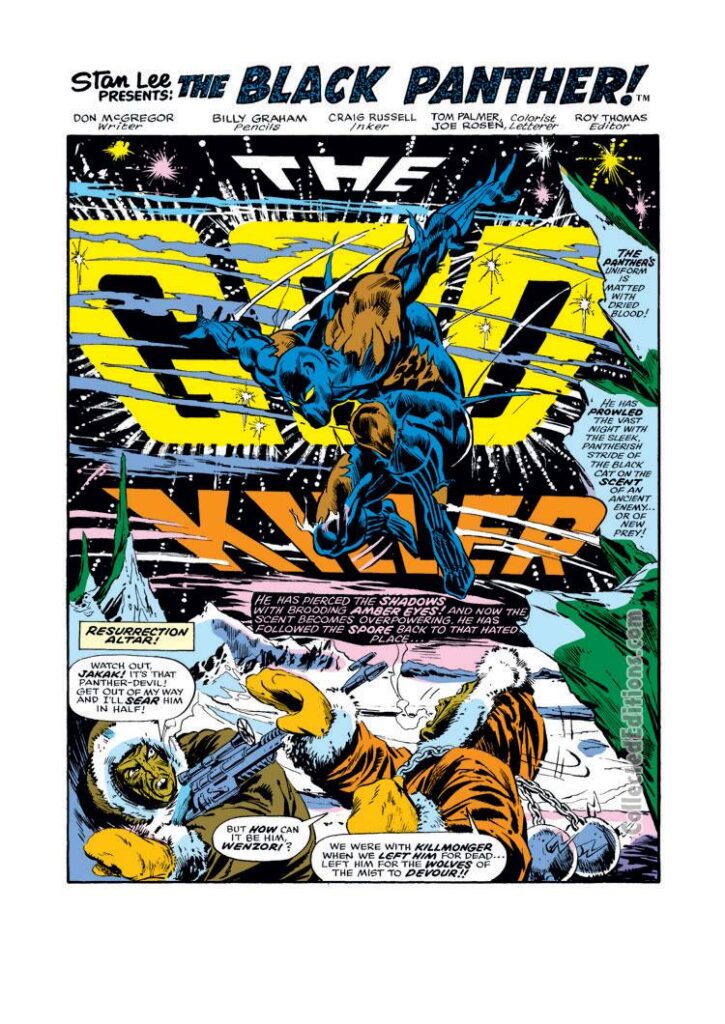 Jungle Action #13, pg. 1; pencils, Billy Graham; inks, P. Craig Russell; The God Killer, Black Panther, Don McGregor