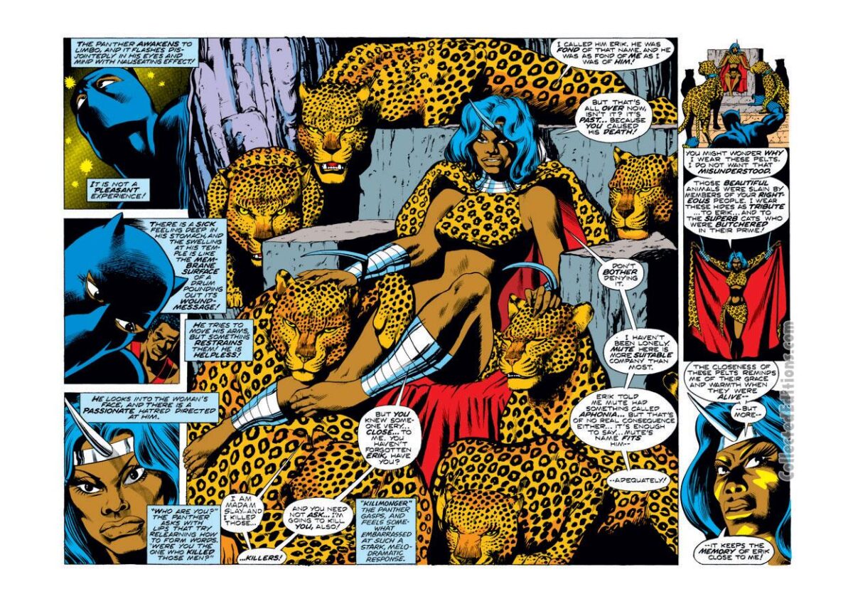 Jungle Action #18, pgs. 10-11; pencils, pencils, Billy Graham; inks, Bob McLeod; Black Panther, leopard, Madam Slay