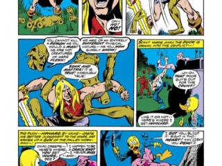 Man-Thing #1, pg. 3; pencils, Val Mayerik; inks, Sal Trapani; Korrek the Barbarian, swamp creature, Marvel, Howard the Duck, first appearance and origin, demons