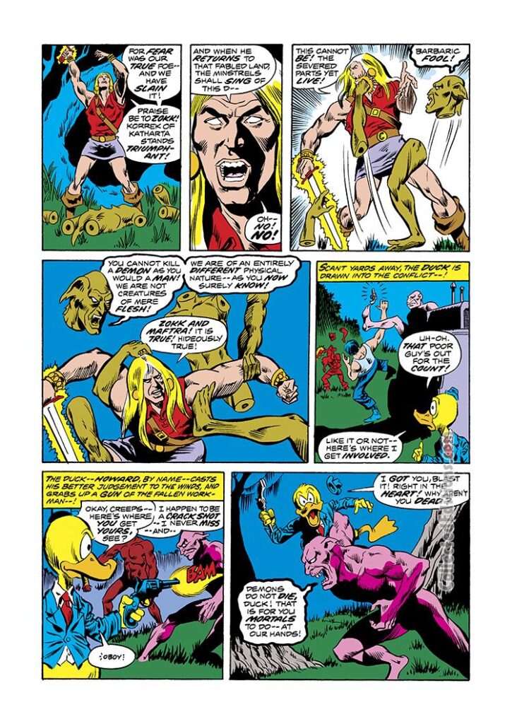 Man-Thing #1, pg. 3; pencils, Val Mayerik; inks, Sal Trapani; Korrek the Barbarian, swamp creature, Marvel, Howard the Duck, first appearance and origin, demons