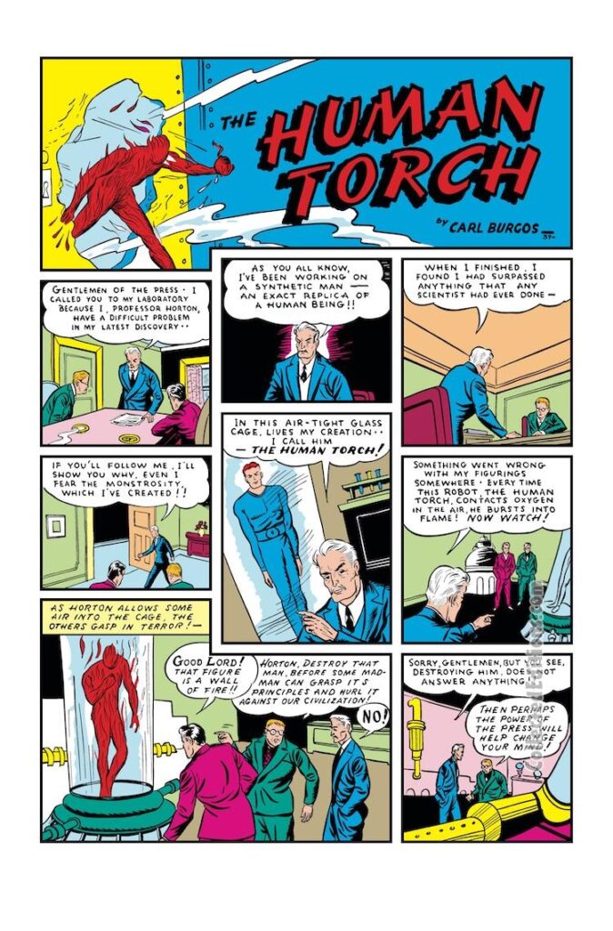 Marvel Comics #1, pg. 1; pencils and inks, Carl Burgos; First appearance of the Golden Age Human Torch/Jim Hammond/Phineas Horton