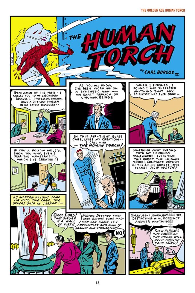 Marvel Comics #1, pg. 1; "The Human Torch"; Carl Burgos, Jim Hammond, Human Torch, original android, origin, Phineas Horton, first Timely comic