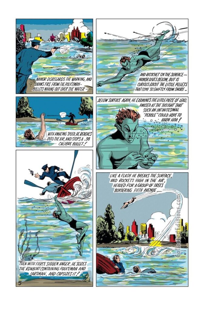 Marvel Mystery Comics #2, pg. 29; pencils and inks, Bill Everett; Golden Age Sub-Mariner/Namor attacks surface world/New York police
