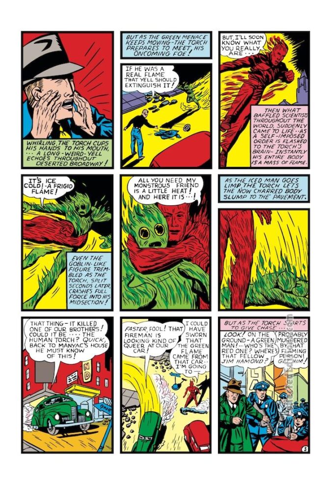 Marvel Mystery Comics #4, pg. 3; pencils and inks, Carl Burgos; Human Torch vs. Green Flame/Golden Age Timely