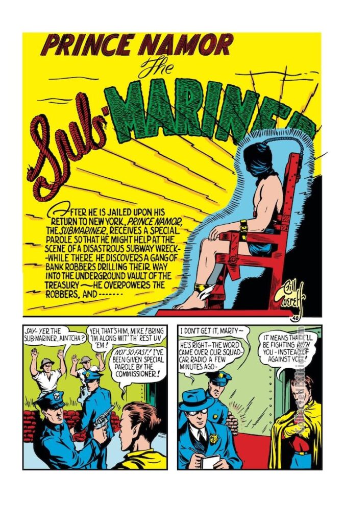 Marvel Mystery Comics #6, pg. 21; pencils and inks, Bill Everett; Prince Namor the Sub-Mariner electric chair