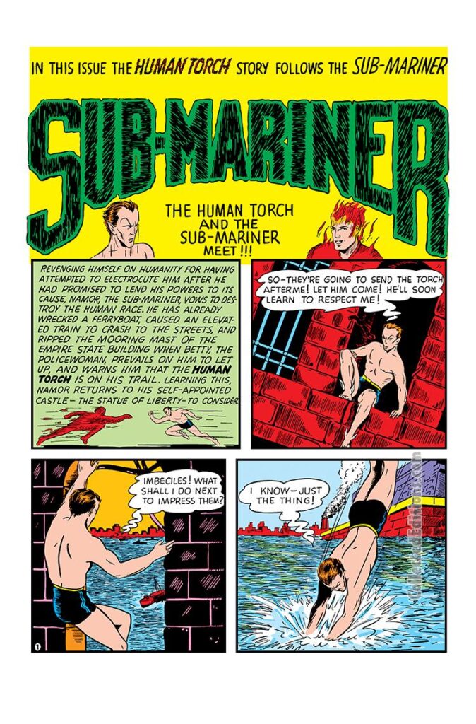 Marvel Mystery Comics #8, pg. 1; &quot;Sub-Mariner&quot;; Bill Everett, The Human Torch and Sub-Mariner Meet, Carl Burgos, Timely Marvel crossover