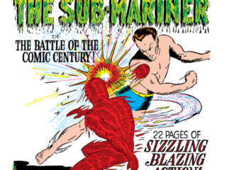 Marvel Mystery Comics #9, pg. 1; "The Human Torch versus the Sub-Mariner in The Battle of the Century!"; Bill Everett, Timely Marvel crossover