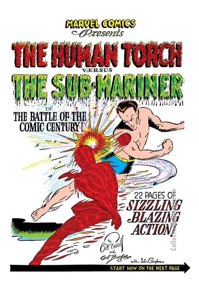 Marvel Mystery Comics #9, pg. 1; "The Human Torch versus the Sub-Mariner in The Battle of the Century!"; Bill Everett, Timely Marvel crossover