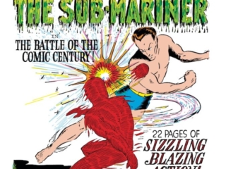 Marvel Mystery Comics #9, pg. 1; pencils and inks, Carl Burgos, Bill Everett, The Human Torch versus the Sub-Mariner splash page, Golden Age/Timely battle