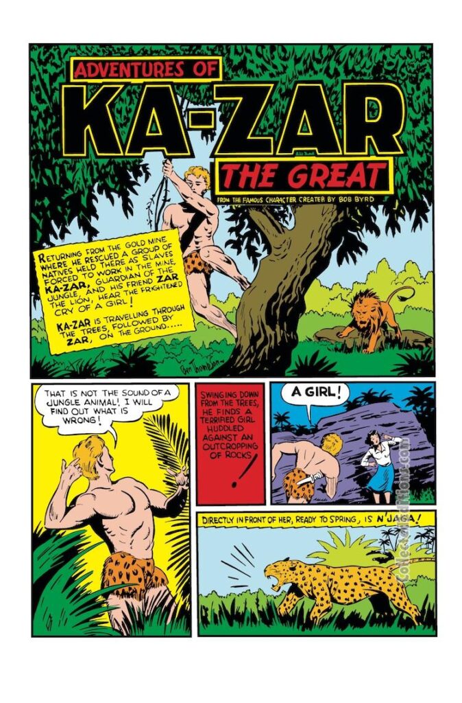 Marvel Mystery Comics #9, pg. 55; pencils and inks, Ben Thompson; N'Jaga/Ka-Zar/lion