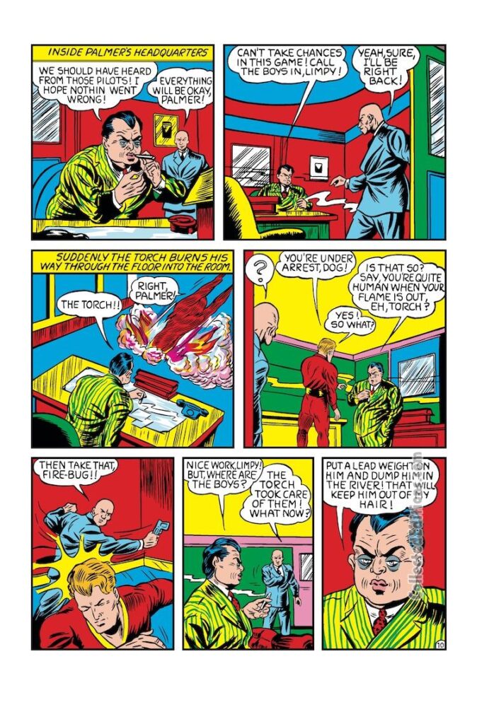 Marvel Mystery Comics #10, pg. 11; pencils and inks, Carl Burgos; Human Torch/Jim Hammond/organized crime/mobsters
