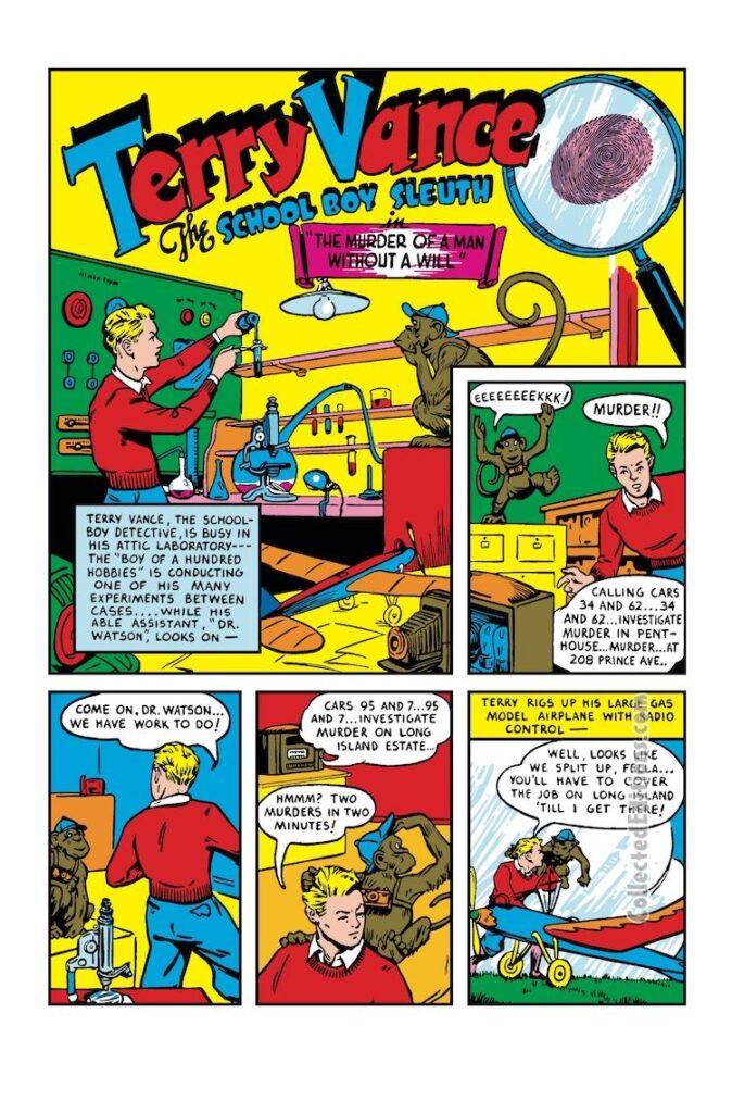 Marvel Mystery Comics #10, pg. 49; pencils and inks, Bob Oksner; Dr. Watson monkey, Terry Vance School Boy Sleuth