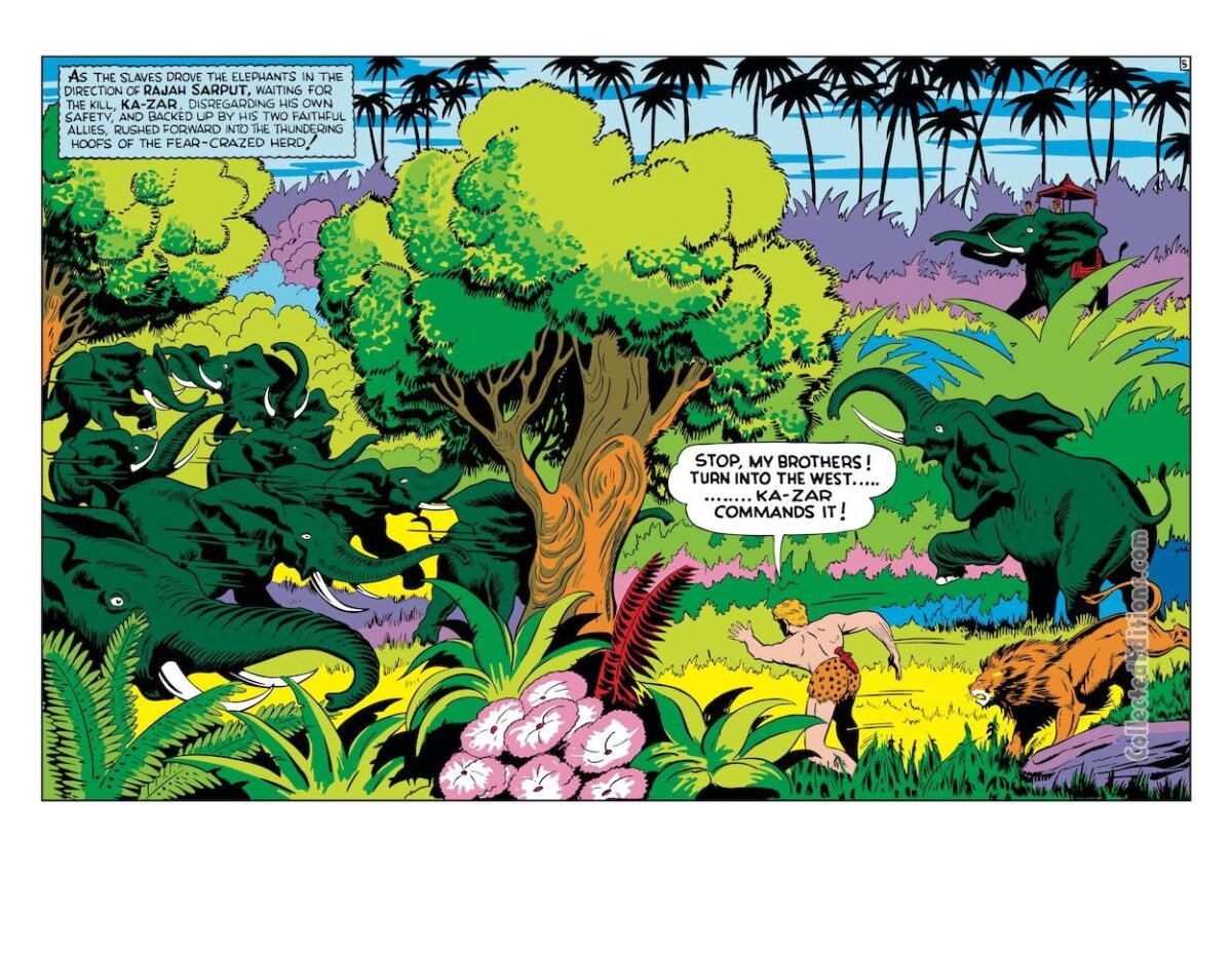 Marvel Mystery Comics #11, pgs. 32-33; pencils and inks, Ben Thompson; Ka-Zar/elephants/double-page spread splash/Timely Golden Age jungle comics