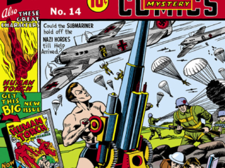 Marvel Mystery Comics #14 cover; Alex Schomburg; Namor/Sub-Mariner/artillery gun, Nazis