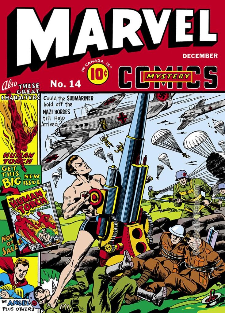 Marvel Mystery Comics #14 cover; Alex Schomburg; Namor/Sub-Mariner/artillery gun, Nazis