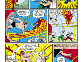 Marvel Mystery Comics #17, pg. 6; art by Carl Burgos &amp; Bill Everett; Human Torch vs. Sub-Mariner