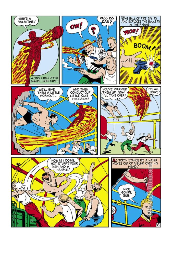 Marvel Mystery Comics #17, pg. 6; art by Carl Burgos & Bill Everett; Human Torch vs. Sub-Mariner