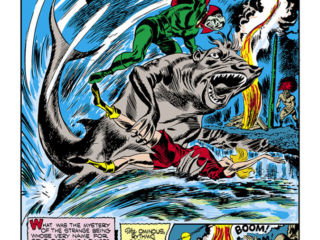 Marvel Mystery Comics #23, pg. 36; art by Jack Kirby; the Vision/Aarkus/Joe Simon/Kai-Mak the Shark-God