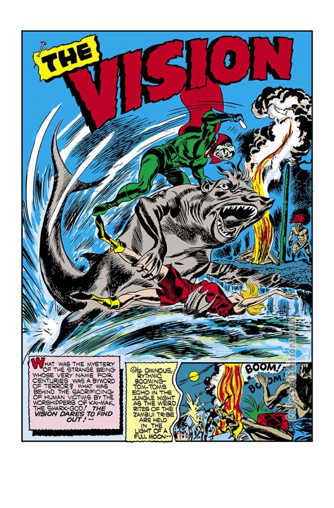 Marvel Mystery Comics #23, pg. 36; art by Jack Kirby; the Vision/Aarkus/Joe Simon/Kai-Mak the Shark-God