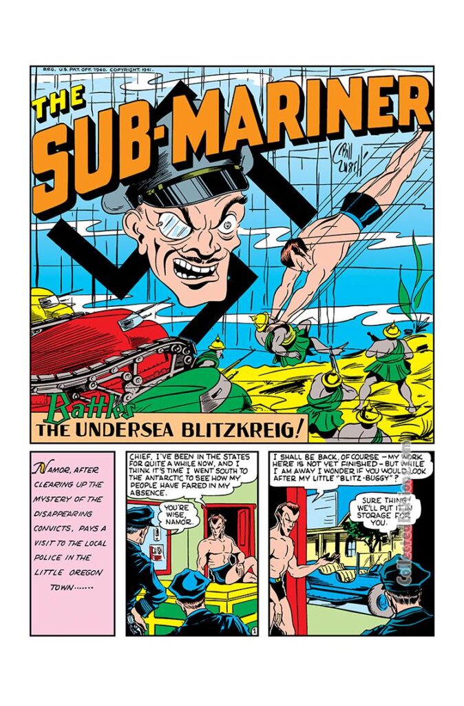 Marvel Mystery Comics #24, pg. 17; &quot;The Sub-Mariner Battles the Undersea Blitzkrieg!&quot;, Bill Everett Namor fights the Nazis in World War II, Allied Axis powers