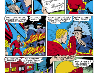 Marvel Mystery Comics #27, pg. 3; "The Flaming Arrow Murders", The Golden Age Human Torch, Phineas Horton, Finelli, mobsters, Carl Burgos