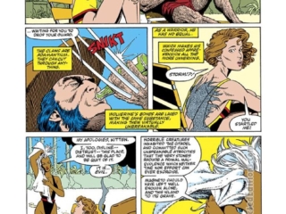 Marvel Fanfare #33, pg. 5; pencils, June Brigman; inks, Terry Austin; Kitty Pryde, Storm, Wolverine, Snikt, beer